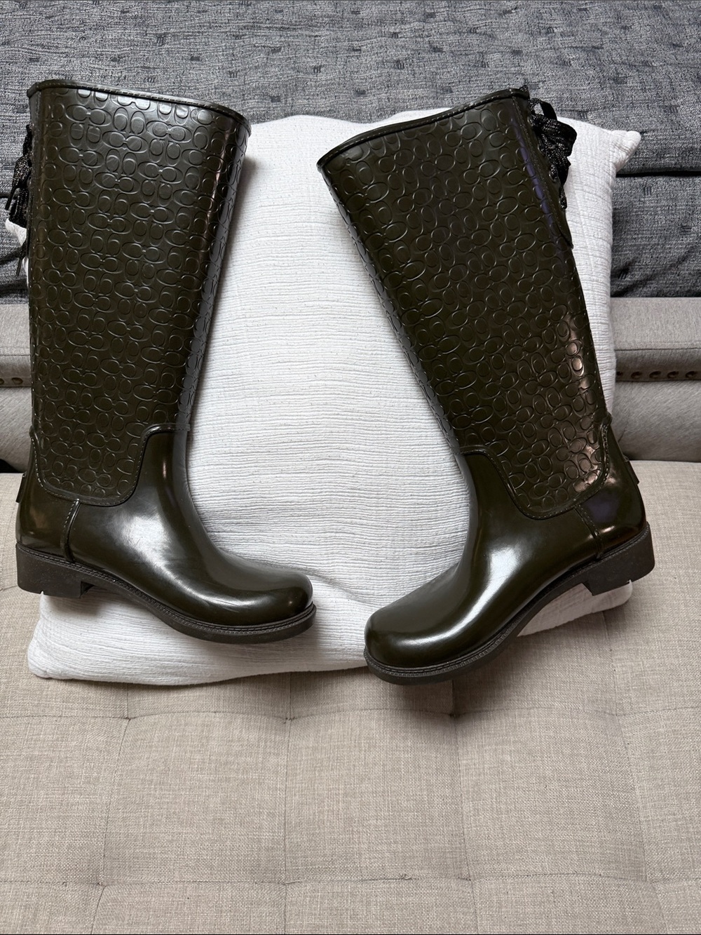 Coach Olive Green Lace-Up Signature Rain Boots
